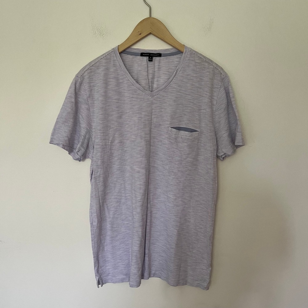 Robert Barakett Mens V-Neck T-Shirt Lavender White Micro Stripe Pocket Tee M